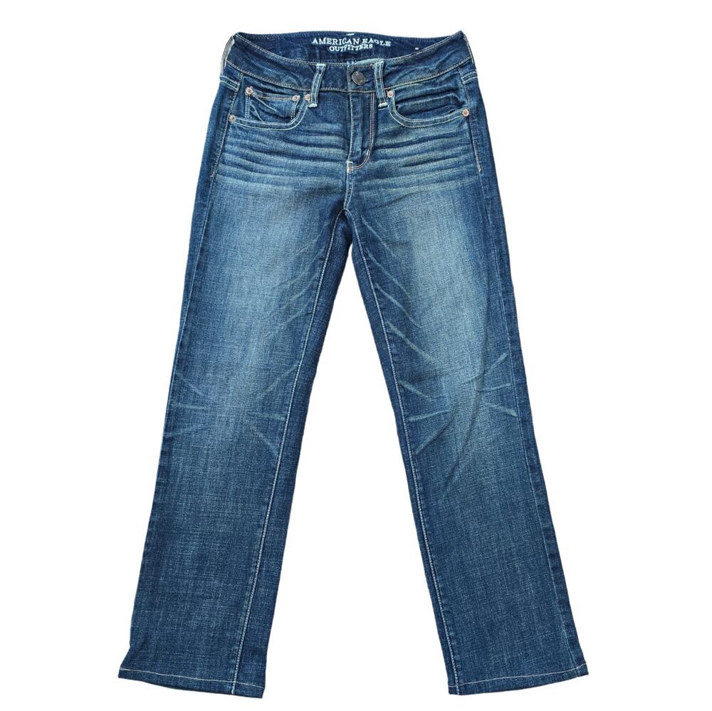 AE Size 2 Short Straight Leg Jeans Dark Wash Super Stretch Denim American Eagle